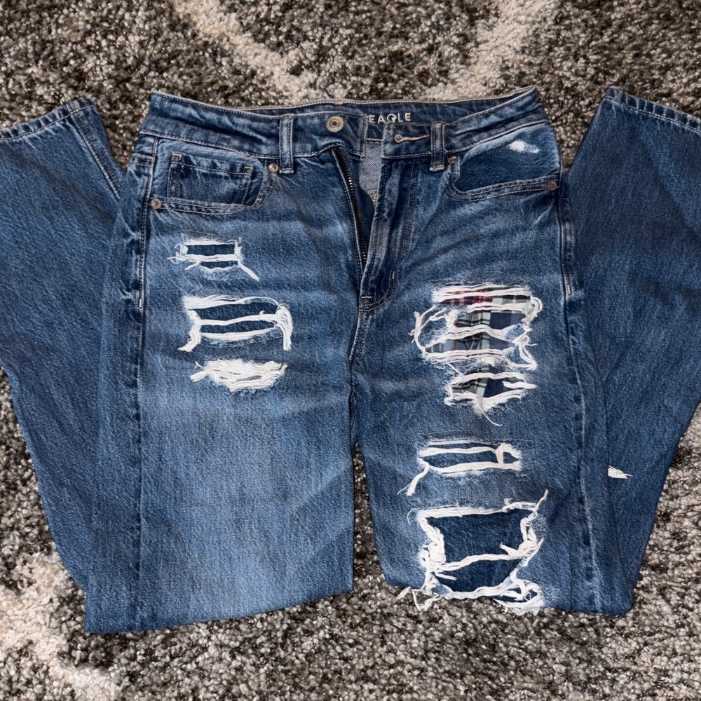 American Eagle Outfitters Blue Distressed Straight Leg Jeans
